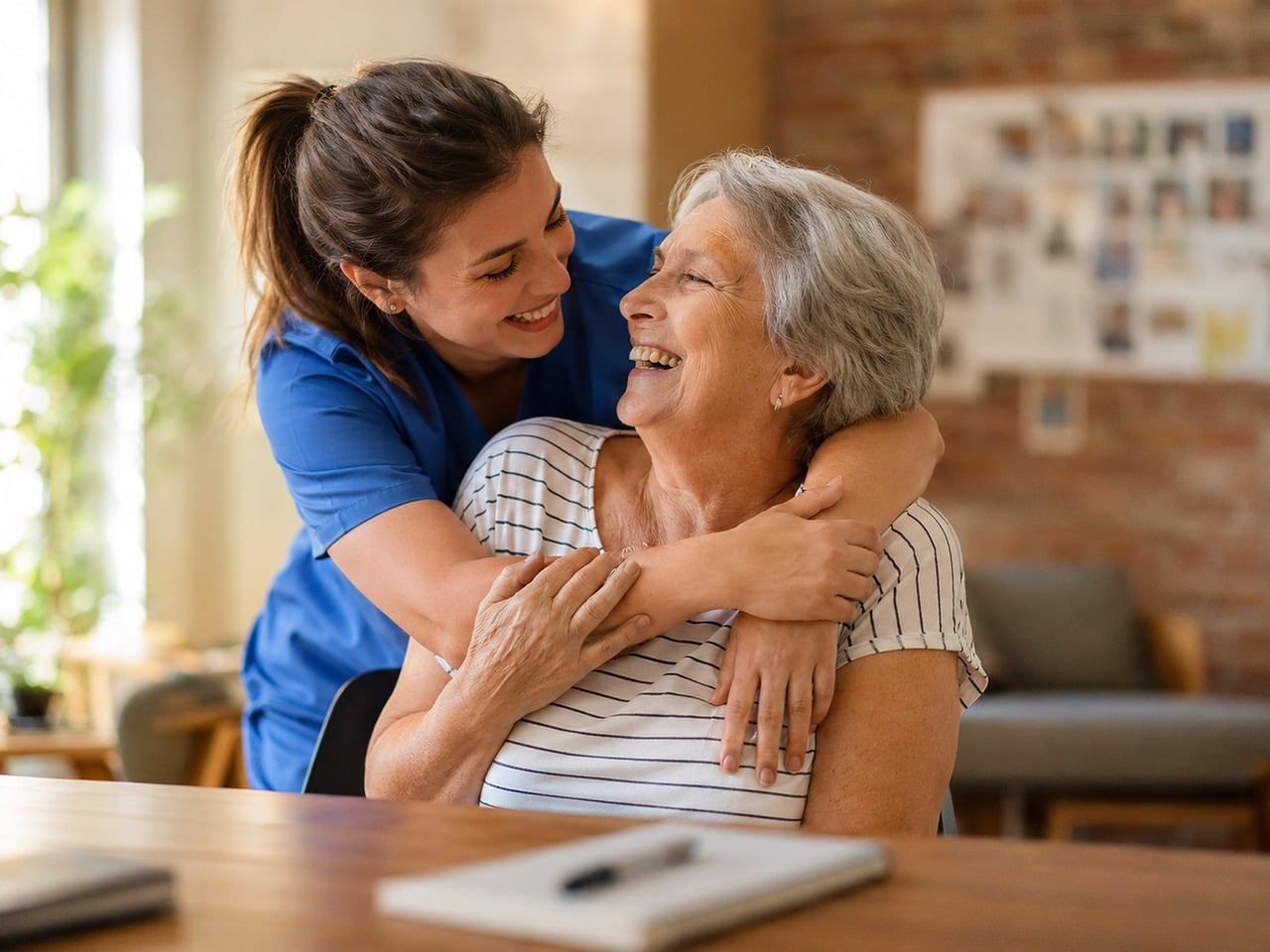 A PowerCare caregiver hugging a smiling older woman at home